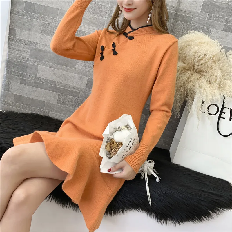 Осень новая волна длинная секция дамы красный cheongsam вязаное платье длинный свитер женский рыбий хвост юбка