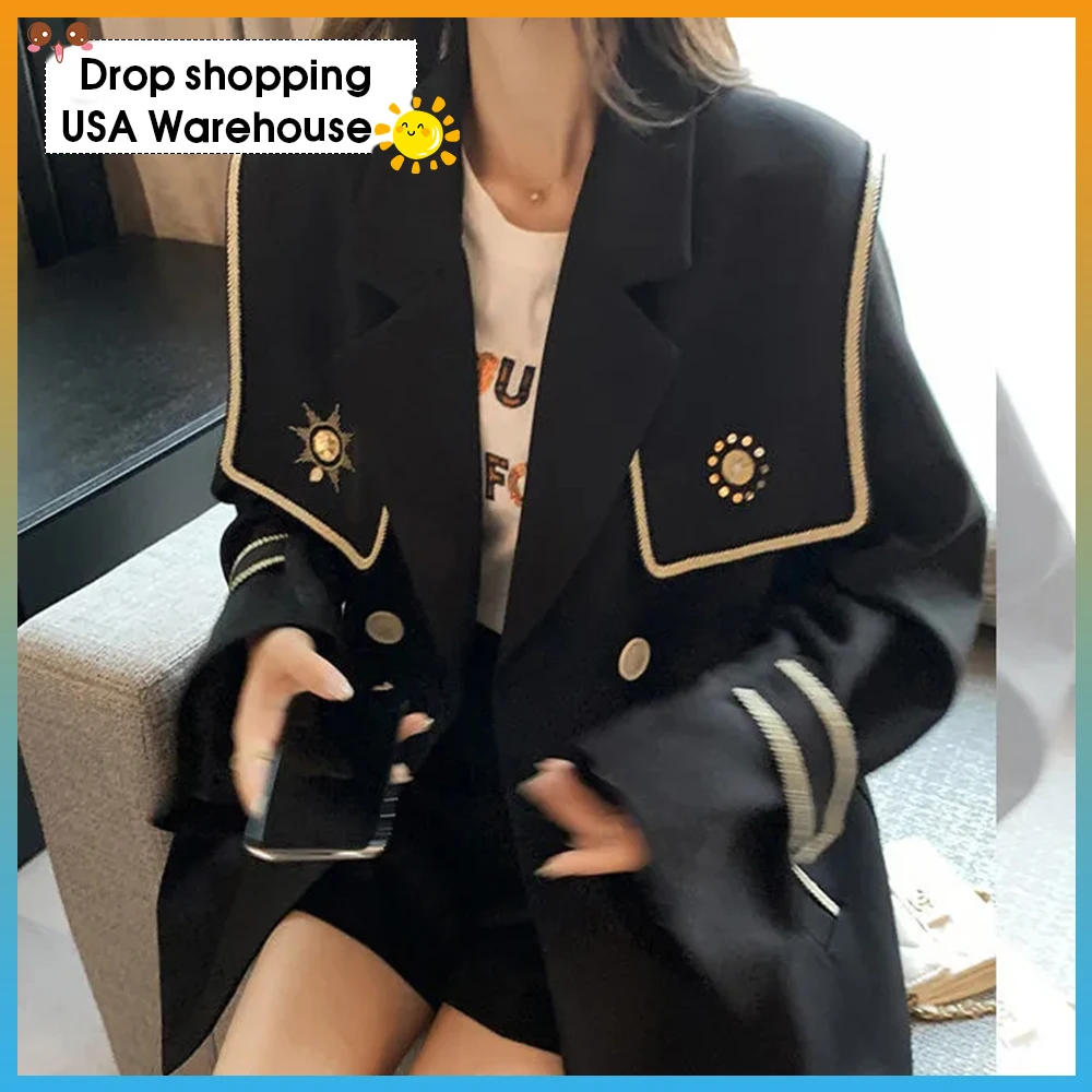 

Black navy collar autumn small suit jacket female loose and versatile Korean style college top Solid Plus Size Coat Blazer