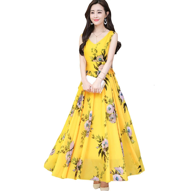 

Chiffon Print Dresses Women 2019 Summer New Slim Thin V-Neck Temperament Dresses High Waist Fashion Beach Vest Dresses LJ2362