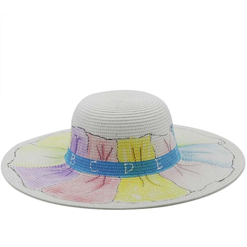 Summer Female Sun Hats Visor Hat Big Brim Classic Painted Folding Straw Hat Casual Outdoor Beach Cap For Women UV Protection Hat 4