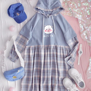 

Spring Sweet Fake two-piece A-Line Dress Teen Girls Loose Student Harajuku Cute Lamb Print Plaid Splice Hooded High waist Dress
