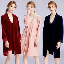 2 шт./компл. осень Для женщин одежда для сна ночная рубашка ночной халат комплект бархатная Ночная манжета для одежды с нейлоновыми кружевами одежда для сна