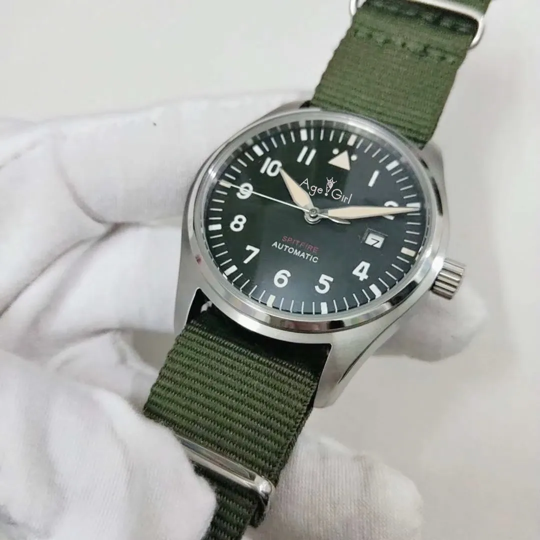 

Famous Brand New Men Automatic Mechanical Pilot Brown Leather Stainless Steel Sapphire Green Canvas Watch AAA+