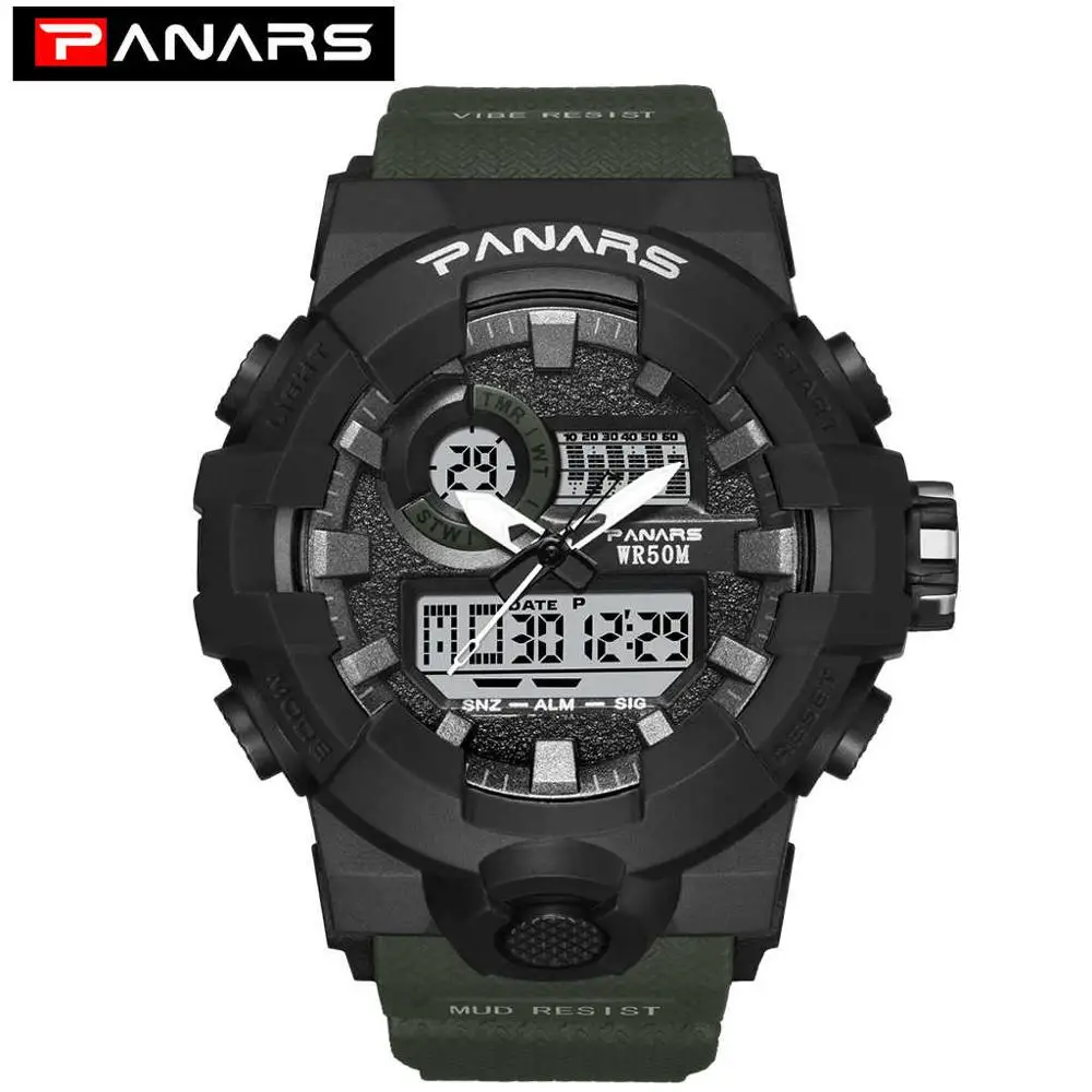 PANARS White Gold Men Digital Watch Sports Watches Men's Watch Led 5Bar Waterproof Double Display Chronograph Electronic Clock - Цвет: green