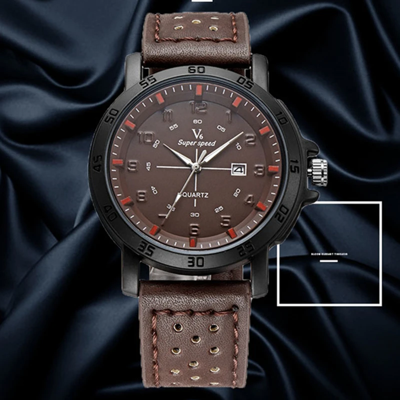 

V6 Fashion Watch Men Wristwatch Clock Punch Leather Watchbands Date Waterproof Military Quartz Army Time Reloj Automatic Clock