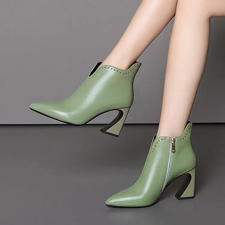 

Waterproof leather pointed thick with Martin boots with high heels station short tube rivet short boots shoes head layer cowhide