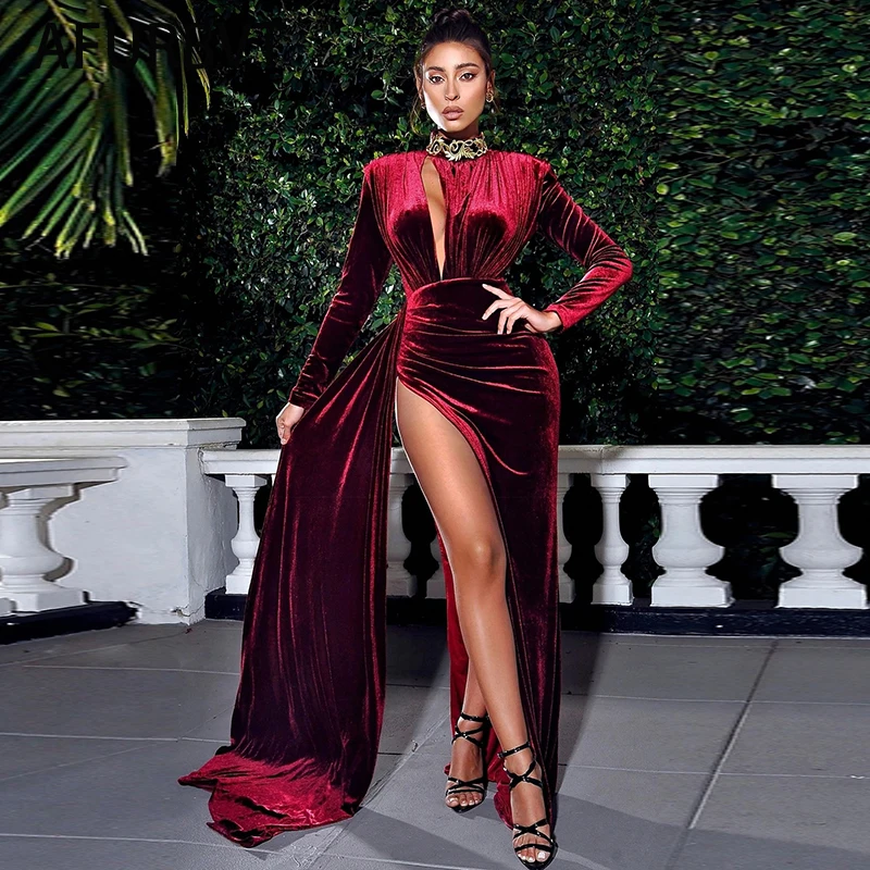 

Long Sleeve Sexy Velvet Maxi Dress Women's Evening Party Dress Gown with Split Fork Green Black Burgundy Draped Long Dress