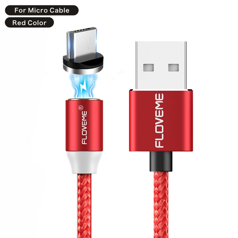 FLOVEM Магнитный кабель Micro usb type C USB-C кабель 1 м 2 м светодиодный короткий usb кабель для зарядки магнитное зарядное устройство круглый разъем для iPhone XR - Цвет: For Micro Red