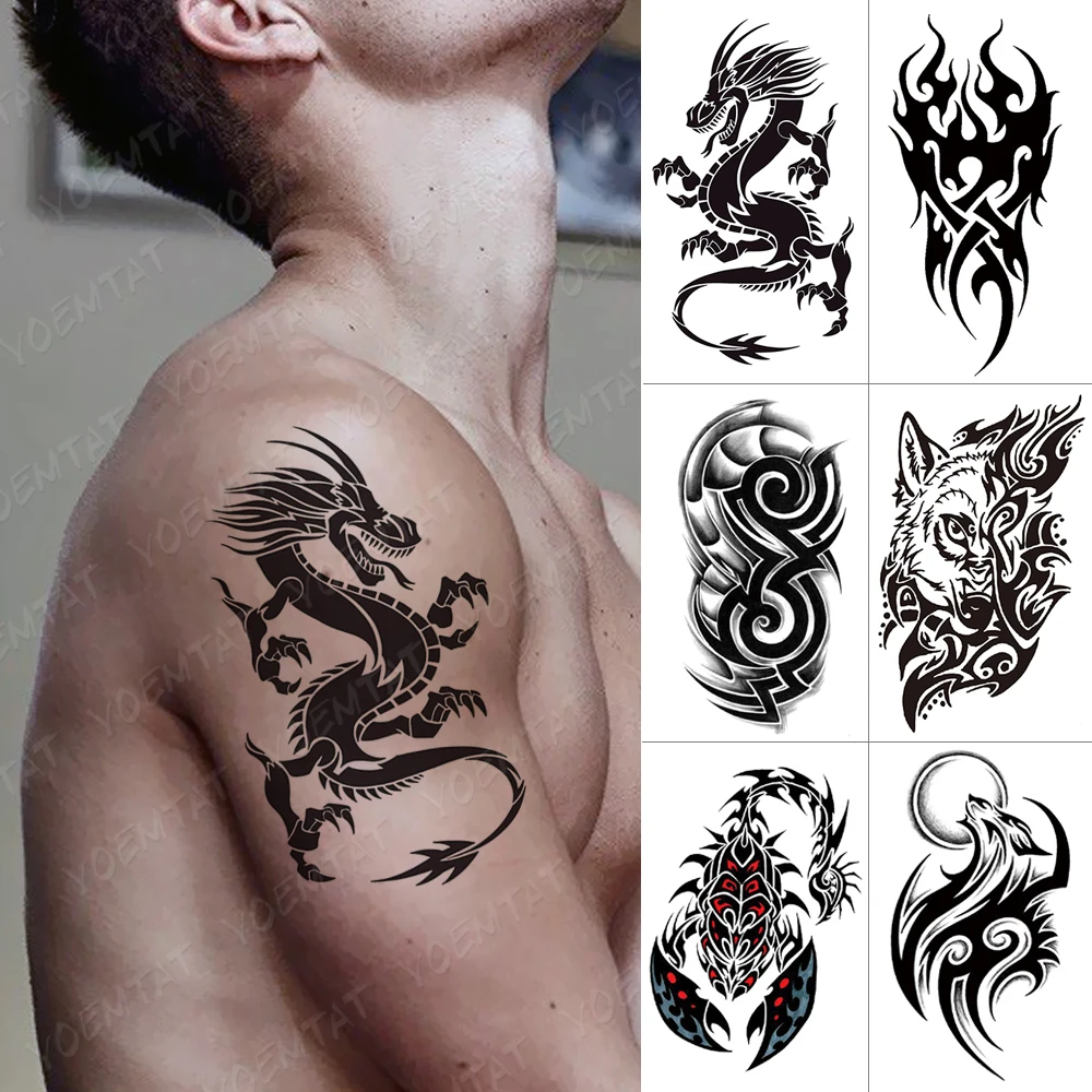 

Waterproof Temporary Tattoo Sticker Dragon Fire Flash Tattoos Wolf Scorpion Body Art Arm Water Transfer Fake Tatoo Women Men