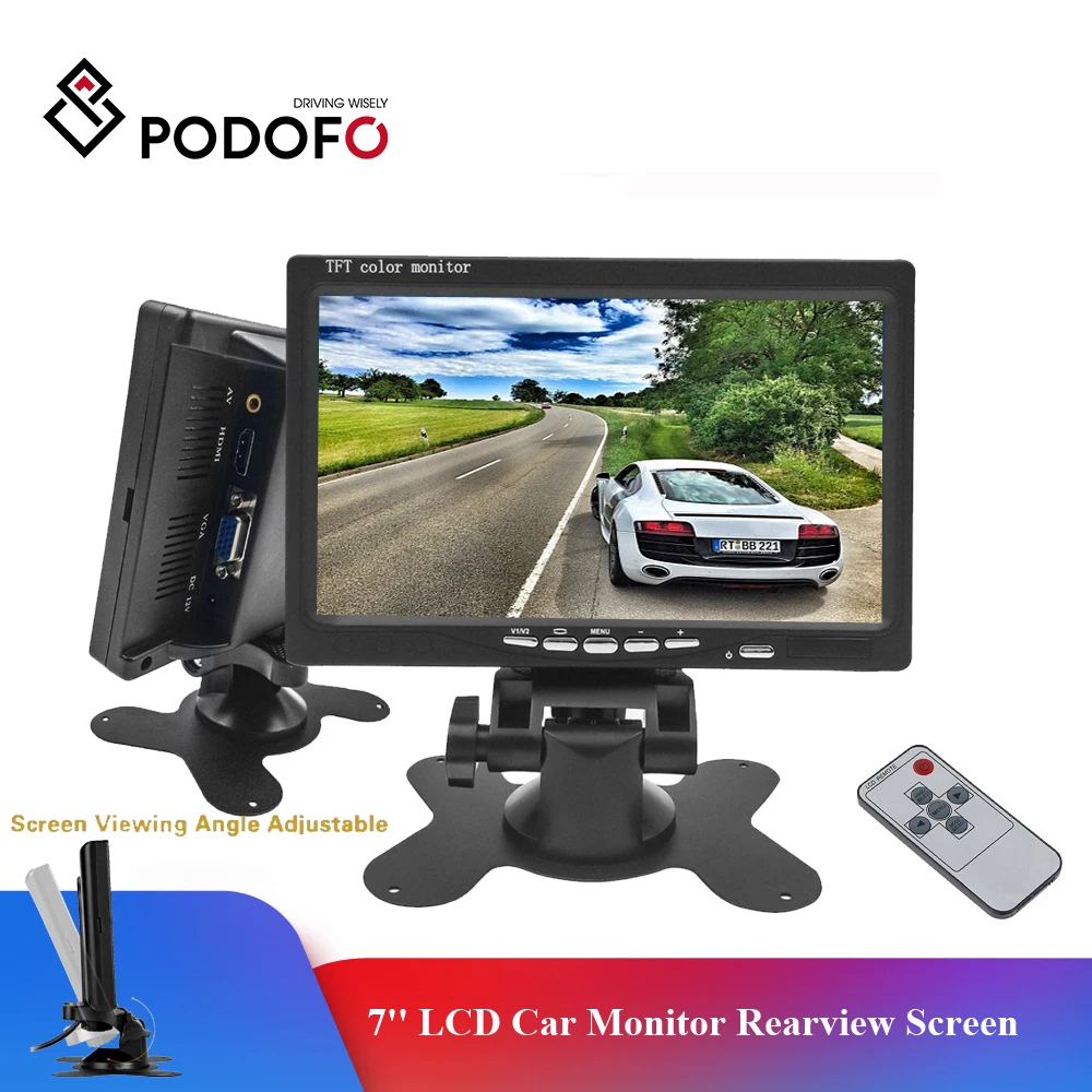 Podofo 7'' LCD Car Monitor Rearview Screen HDMI VGA 2 Video Input PC Audio Video Display+Remote Control Carstyling+Power Adapter Podofo 7'' LCD Car Monitor Rearview Screen HDMI VGA 2 Video Input PC Audio Video Display+Remote Control Carstyling+Power Adapter