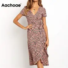 Летний спортивный костюм для игр с леопардовым узором платье Для женщин длинный широкий шарф пляжное платье сексуальное платье с v-образным воротом, короткий рукав элегантное облегающее вечерние платье Открытое пл