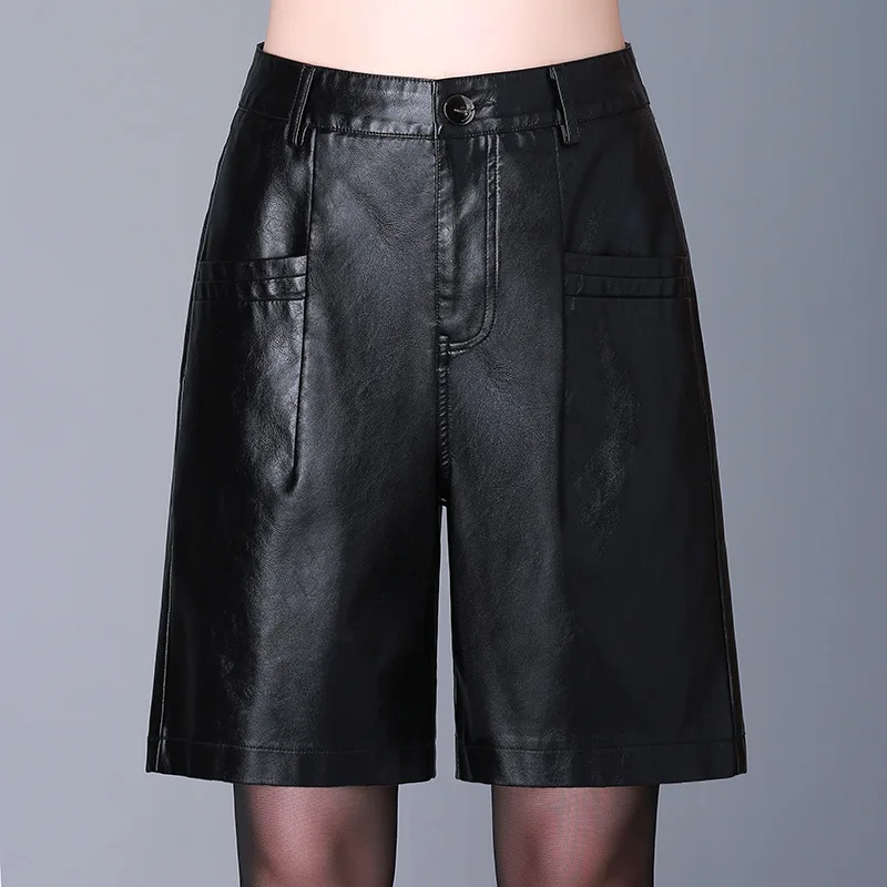 PU Leather Shorts Women 2020 New Korean Style Autumn Winter High Waist All-match BF Wide Leg Five-Point Casual Shorts Slim Fit