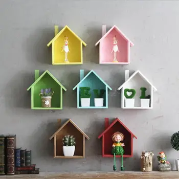 

Creative Wooden Wall Decor Retro Village Colored Small House Wall Shelf Hanging Storage Box Wall Decor For Children's Room Gifts