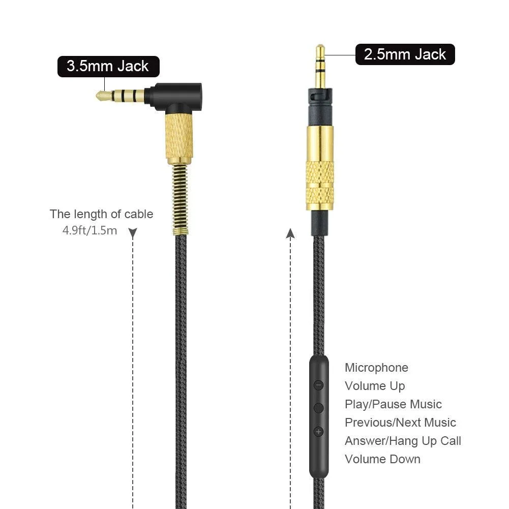 Replacement Stereo Audio Cable Extension Cord for Sennheiser HD4 40 HD 4 40 BT HD4 50 HD 4 50 BTNC HD4 30i HD4 30G Headphones
