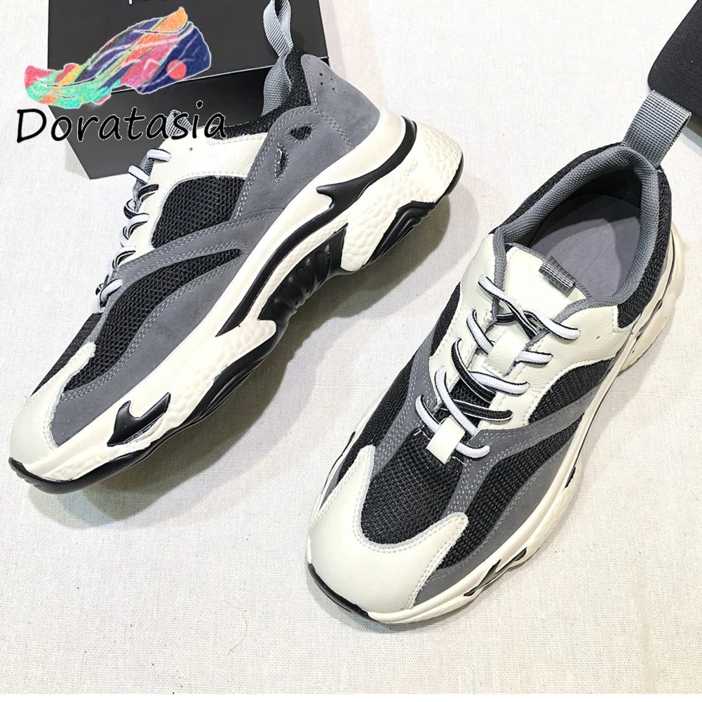

DORATASIA Leisure Girl Genuine Leather Casual Mesh Round Toe Flats Spring Sneakers Women Lace Up Mixed Color Shoes Woman