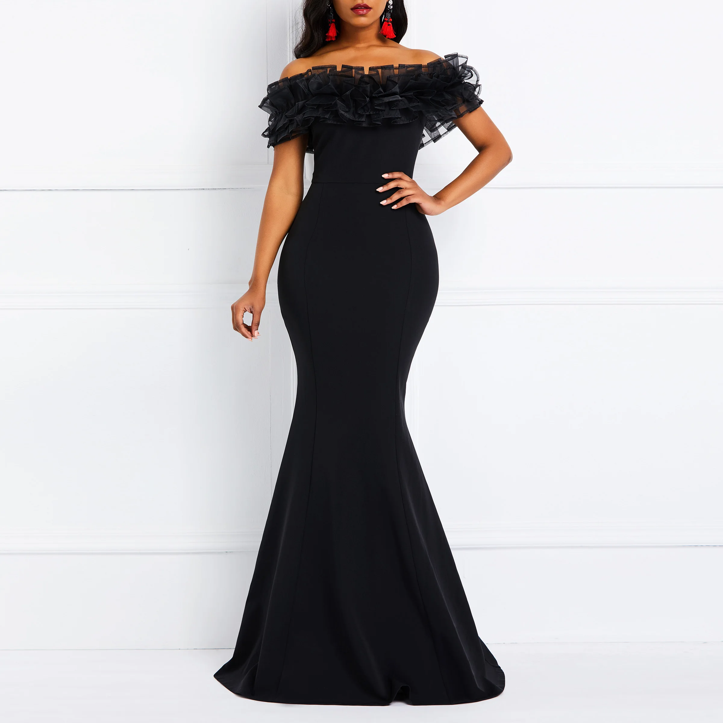 

Women 2019 African Evening Party Dinner Dress Off Shoulder Ruffles Patchwork Slash Neck Mermaid Elegant Evening Black Maxi Dress
