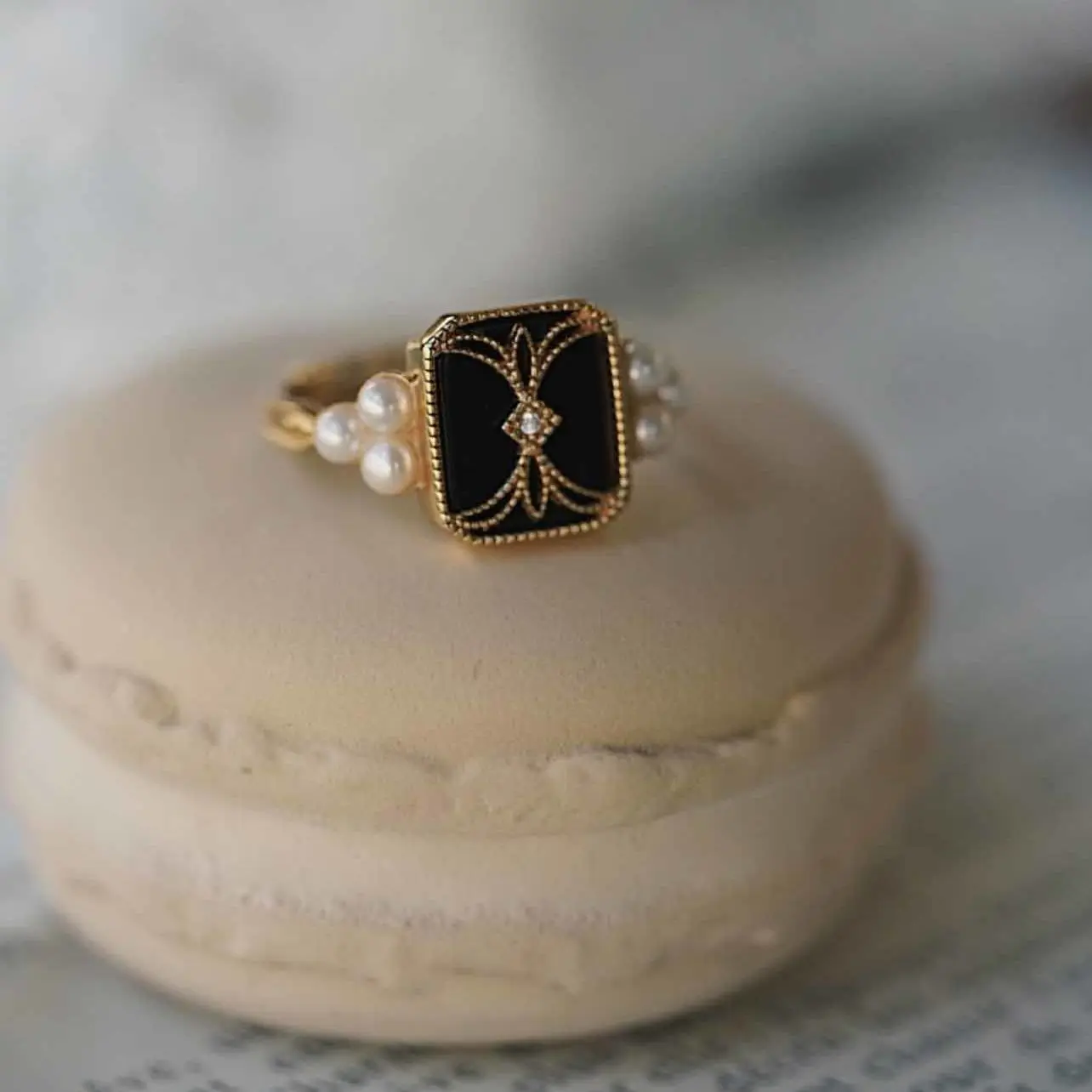 Original black agate pearl opening adjustable ring national style retro compact charm ladies brand silver jewelry silver ring silver rings