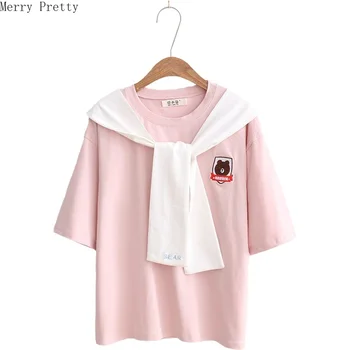 

2020 Spring sweet Ladies cartoon bear embroidery sailor Color short sleeve cotton Tops T-shirt For Girls Female