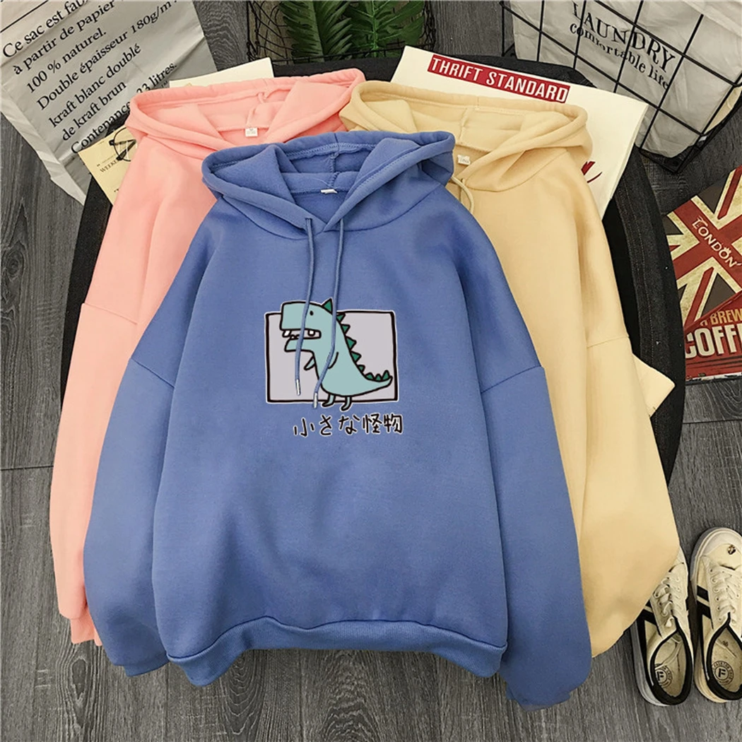 Harajuku estampado de dinosaurio de dibujos sudaderas con mujeres Casual de manga larga suelta sudadera con capucha invierno lana Hoody Pullover Top|Sudaderas capucha y sudaderas| - AliExpress