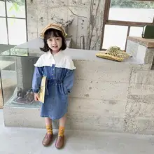 Коллекция года, джинсовое платье в Корейском стиле для девочек в стиле пэчворк Модные осенние платья с оборками для девочек 2-7 лет, PZ85