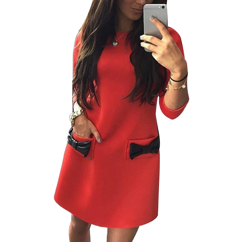 Ropa mujer vestido mujer повседневная женская обувь otouno цветная одежда O Cuello Manga larga Bowknot Bolsillos Mini vestido