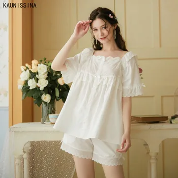 

Women's Summer Pajamas Palace Princess Cotton Sleepwear Short Sleeve Tops Shorts Loose Loungewear White Homewear Suits