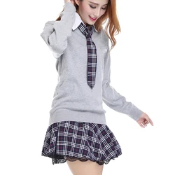 5 piece/sets Women's And Girls Sexy Lace Plaid Skirt Woollen Sweater School Uniform Suit Pleated Mini Skirt Cheerleader Costume