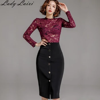 

2020 Spring Sexy OL Work 2 Pieces Set See through Lace Blouses and Single-breasted Sheath Pencil Skirt Office Lady Skirts Suits