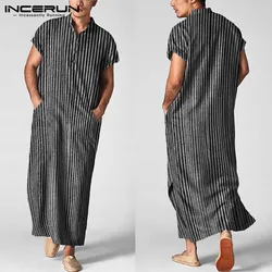 Men Islamic Arabic Kaftan Striped Short Sleeve Casual Pockets Muslim Robes Cotton Saudi Arabia Dubai Men Jubba Thobe INCERUN 5XL