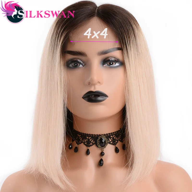 1b 613 Silkswan прямые Омбре цветные 4*4 Кружева Закрытие боб парики плотность 200% 12 14 дюймов средняя часть человеческие волосы Remy Hiar - Цвет волос: 1b 613
