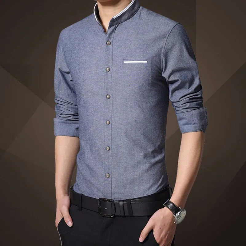 Dark blue Мужские рубашки из хлопка высокого качества Slim Fit с длинным рукавом мужская одежда воротник стоечка однотонный деловой рубашки мужские рубашки - Цвет: Dark blue