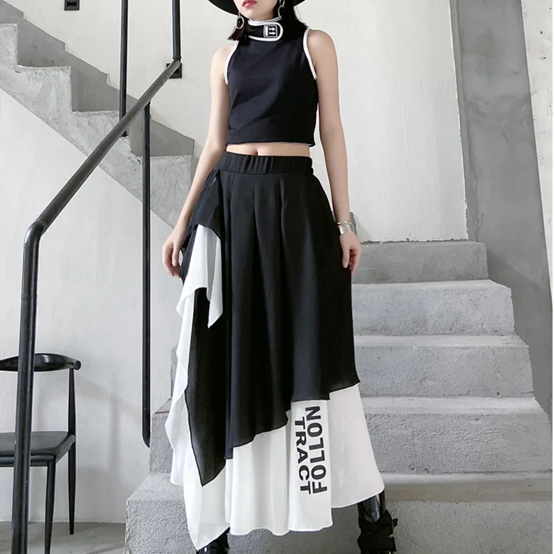 

XUXI Irregular Half Body Skirt Women Autumn Mid-long A-character Loose Large Size Contrast Color Skirt Slim High Waist FZ1752