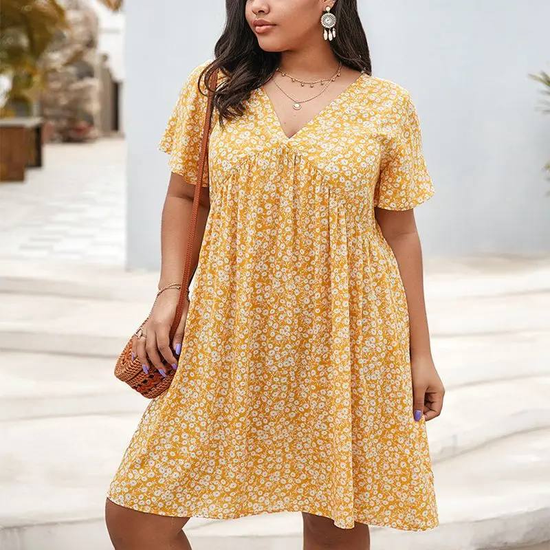 

Summer large size dress 4XL 5XL 6XL 7XL 8XL bust 133CM fashion women's V-neck floral short-sleeved casual dress