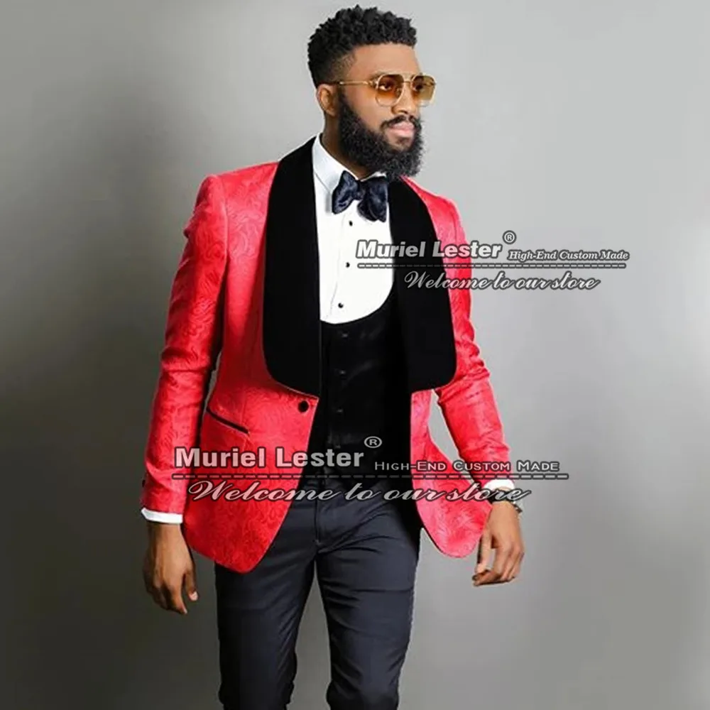 

Red Jacquard Floral Suits For Wedding Slim Fit Mens Blazers Masculino Black Lapel Jacket+Vest+Pants 3 Pieces Set Man Clothing