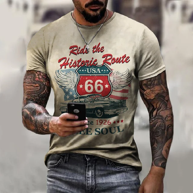 Summer New Mens T Shirts Oversized Loose Clothes Vintage Short Sleeve Fashion America Route 66 Letters Printed O Collared Tshirt 1688-OFSG-0026