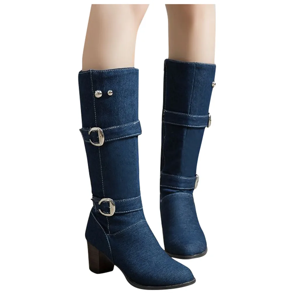 Джинсовые ботинки по колено; женская обувь на молнии; Zapatos De Mujer; однотонная обувь на квадратном каблуке; 8,8