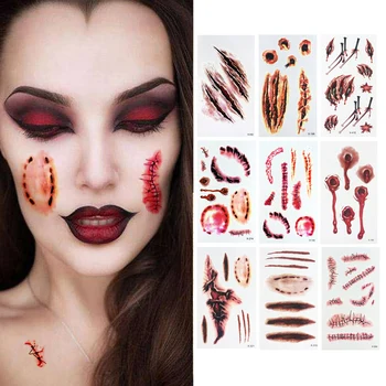 

Besegad 9 Sheet Blood Injury Wound Scars Temporary Fake Tattoos Stickers Horror Halloween Masquerade Supplies for Body Face Arms