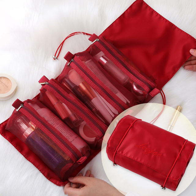 4 in 1Travel Organizer Cosmetic Bags Women Pencil Cases Zipper Mesh Separable Toiletry Pouch Foldable Female Makeup Bag