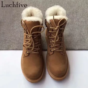 

Wool Round Toe Ankle Boots Lace Up Brown Short Boots For Women Runway Low Heels Winter Boots Femme Fashion Shoes Woman