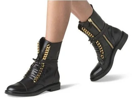 

Drop Shipping Sliver Gold Chains Girls Punk Style Flat Motorcycle Boots Casual Lace-up Ridding Boots Hot Selling Ankle Boots
