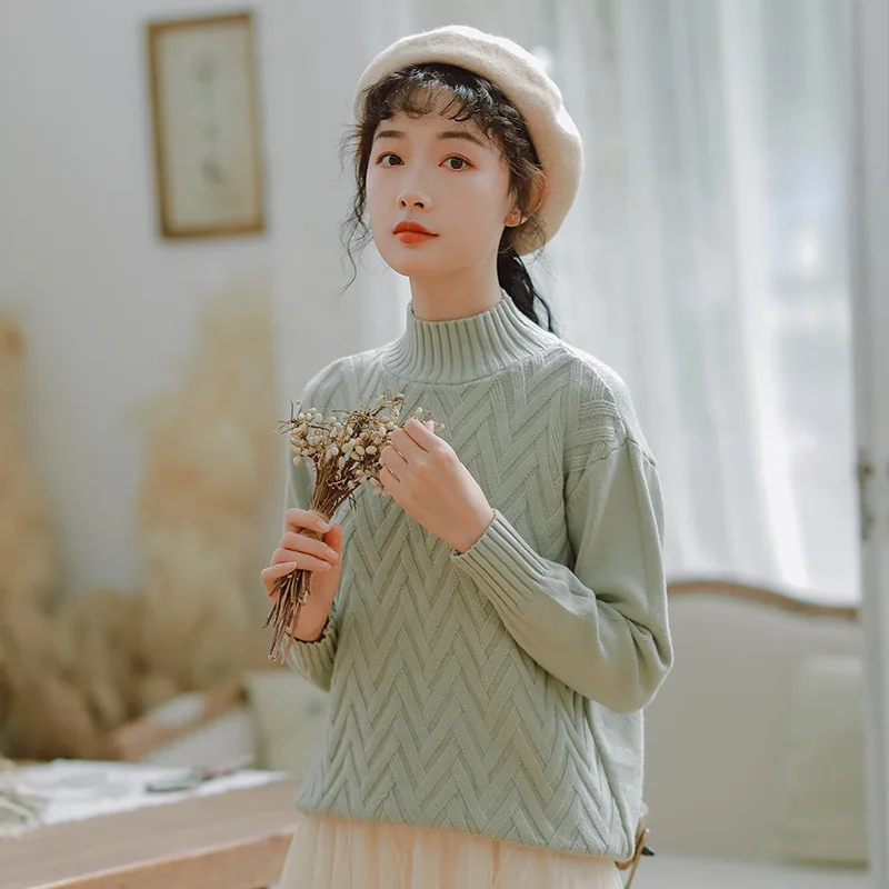 

2019 new fashion women's Autumn and winter loose solid color sweater knitting sweaters christmas knitwear