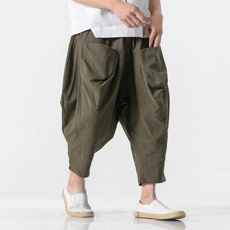 Pantalon sarouel en lin pour hommes, sarouel à entrejambe large, en coton, Style chinois, longueur cheville, bouffant à jambes larges, 2023