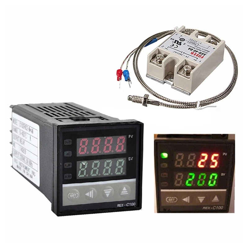 Kopen Digitale 220V PID REX C100 Temperatuur Controller + max.40A SSR + K Thermokoppel, PID Controller Set + Koellichaam