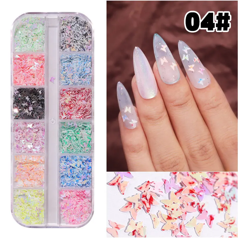 1Set 12 Colors Butterfly Holographics Nail Glitter Sequins 3D Love Decoration Design Sticker Art DIY Accessories A4 | Красота и