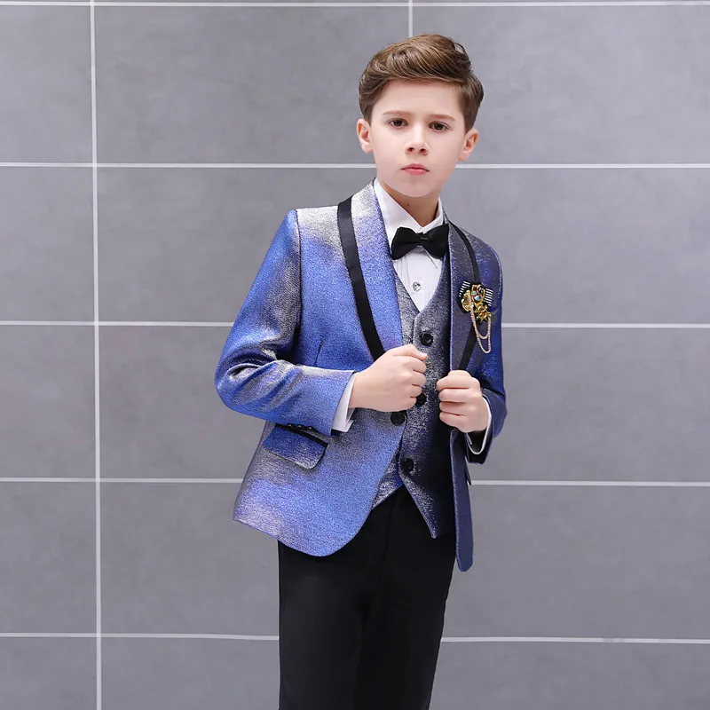 Formal Children's Dress Suit Set Gradient Color Flower Handsome Host Catwalk Wedding Costume Kids Blazer Vest Pants 3pcs Outfit