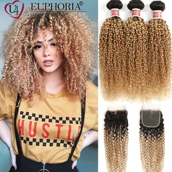 Brazilian Remy Human Hair T1b/27 Honey Blonde Kinky Curly Bundles With 4x4 Lace Closure Ombre 3 Bundles With Closure Euphoria