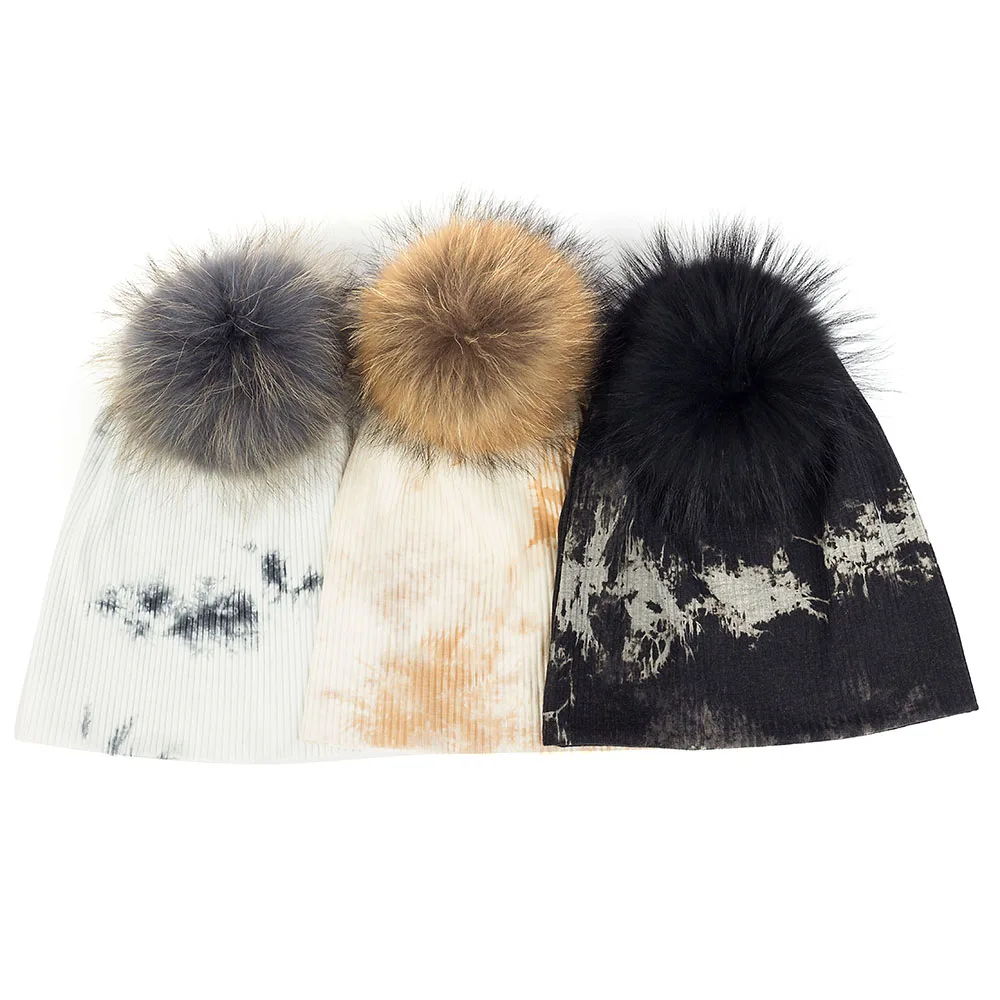 

Fashion Unisex Cotton Warm Tie Dye Skullies Knitted Women Caps Winter Autumn Men Soft Beanie Hats With Real Raccoon Fur Pompom