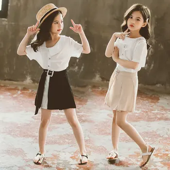 

Fashion Teenage Girls Sets New Spring Summer Children Short Sleeve T-shirt + Solid Skirt 2PCS Suit Fashion 4-13Y Kids Clothes