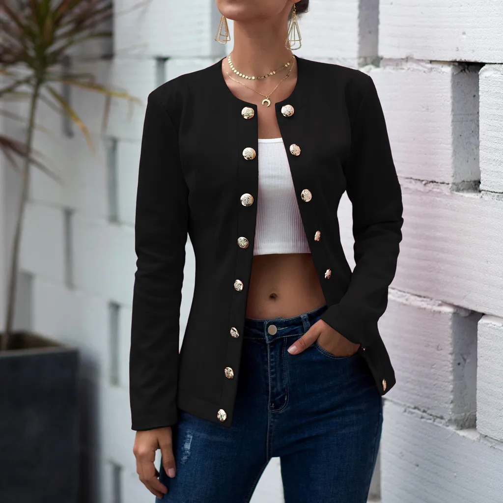 

Women Daily Double-breasted Blazer Long Sleeve Casual Solid color Jacket Ladies Office Wear Coat black blazer bleiser feminino