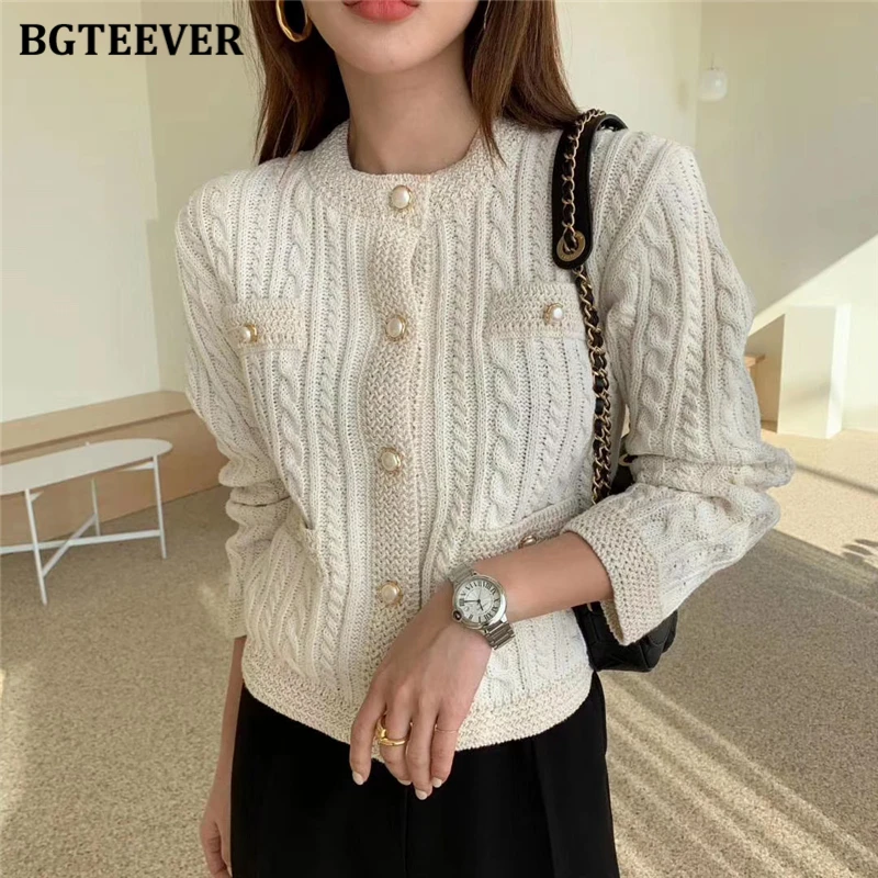 BGTEEVER Elegant Women O-neck Knitted Cardigans Single-breasted Slim Twisted Sweater Female 2020 Autumn Outwear Tops |